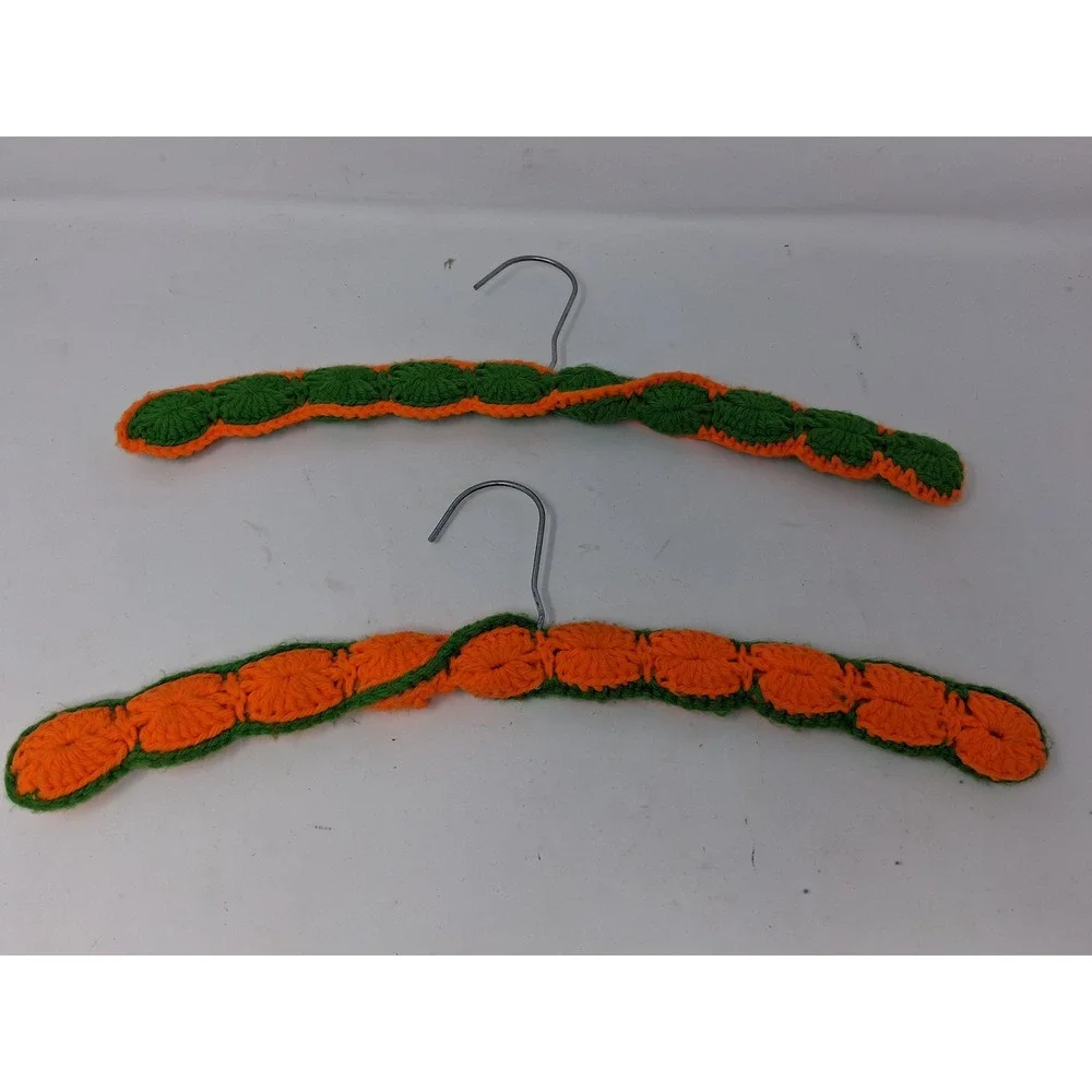 Vintage Handmade Crochet Padded Hanger Set of 2 Orange Green Retro Boho Decor. S